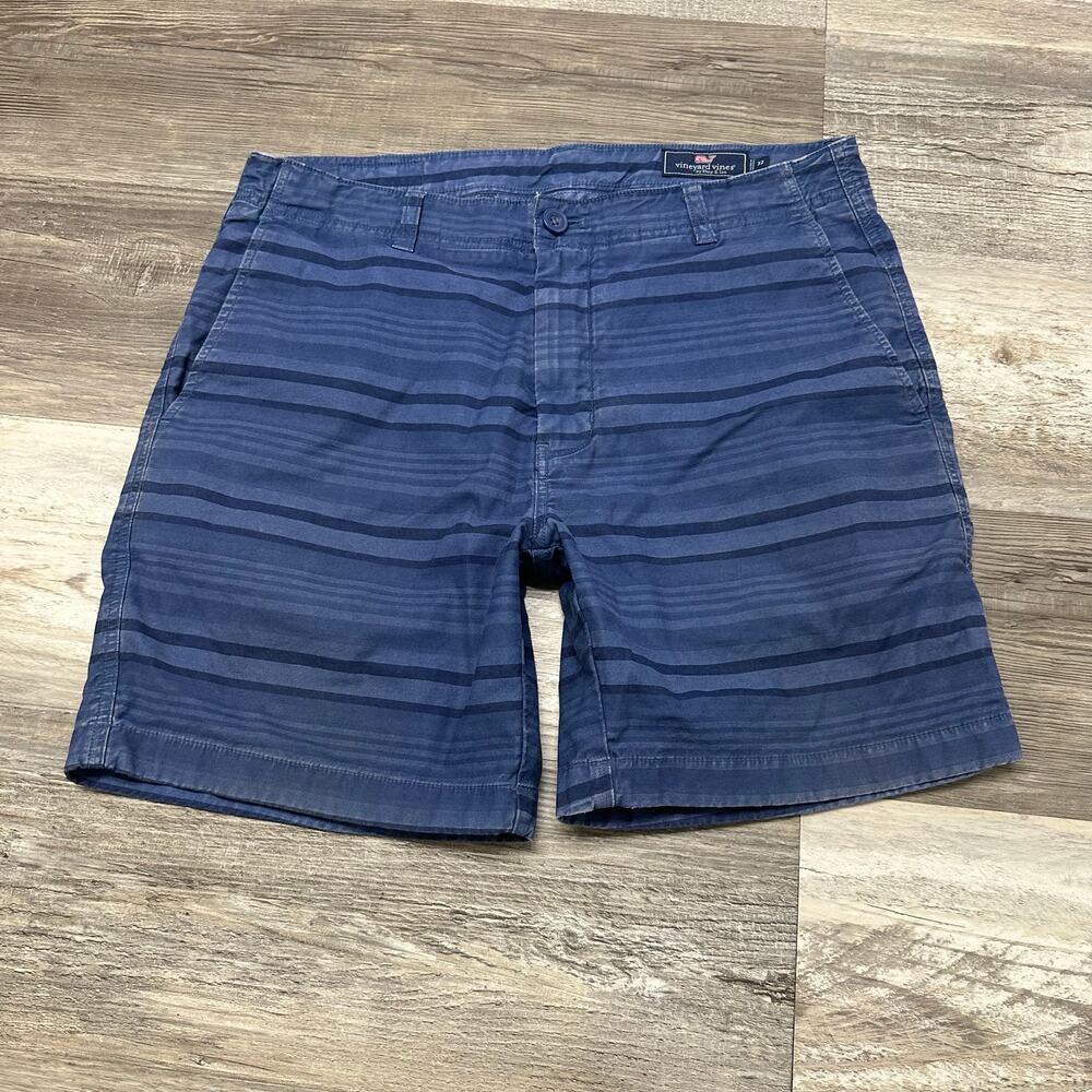 Vineyard Vines Striped Blue Tan Mens 32 Flat Front Stretch Preppy Chino Shorts